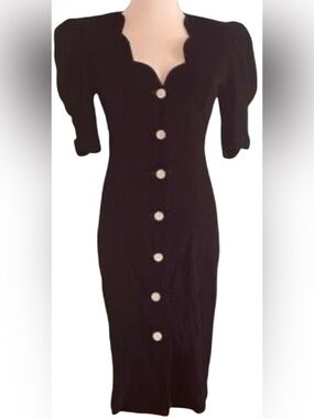 Vintage Puff Sleeve Scallop Neck Midi Velvet Dress